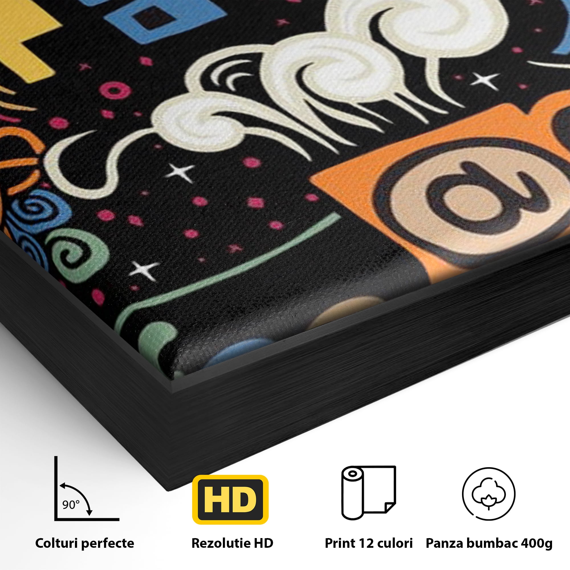 Detaliu al suprafetei: tablou canvas cu ilustratie cafea si doodle, in rama de aluminiu negru